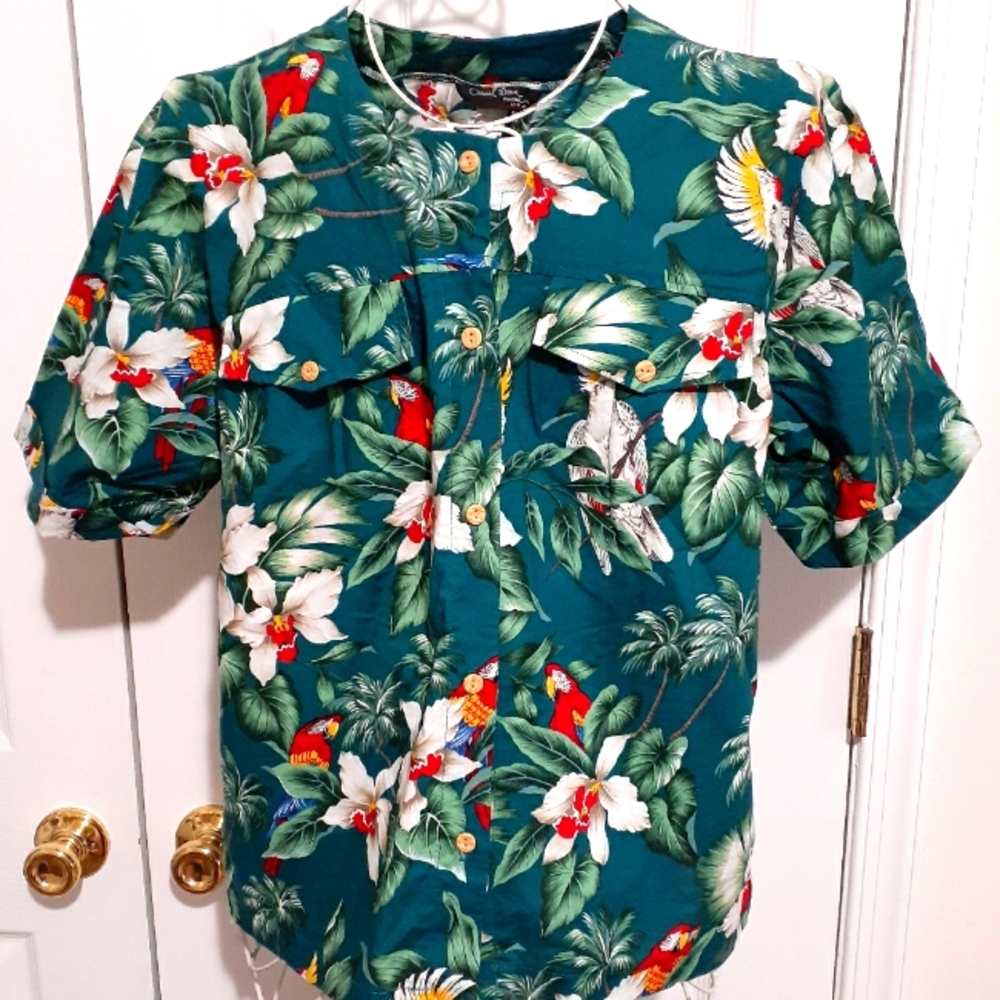 Hawaiian USA Women's by Casual Wear Floral Parrot Cockatoo Lush Green, Large